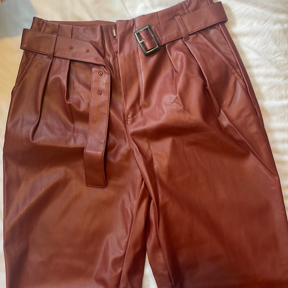 Who What Wear Belted straight leg burgundy leather pants.